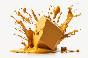 A delicious melting cheese splash in a realistic style. Hot cheese or cheddar splash. Tasty cheese liquid splash. Cheese sauce crown splash. For italian food, world cheese day, dessert by photo