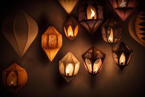 Happy diwali or deepavali traditional indian festival with lamp or sky lantern. Indian hindu festival of light with lamp or light. Night sky floating lanterns during diwali celebration by photo