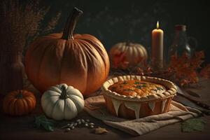 Thanksgiving day meal with pie, pumpkin, oranges, or roasted chicken in oven form. Flat lay assortment with delicious thanksgiving food. Happy thanksgiving day concept by photo