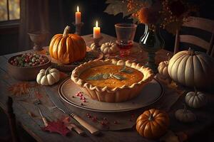 Thanksgiving day meal with pie, pumpkin, oranges, or roasted chicken in oven form. Flat lay assortment with delicious thanksgiving food. Happy thanksgiving day concept by photo