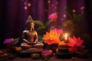 A buddha sits in a garden with a lotus and candles. Background for vesak festival celebration. Vesak day concept. Vesak celebration day greetings by photo