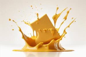 A delicious melting cheese splash in a realistic style. Hot cheese or cheddar splash. Tasty cheese liquid splash. Cheese sauce crown splash. For italian food, world cheese day, dessert by photo