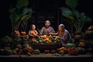 A buddha sits in a garden with a lotus and candles. Background for vesak festival celebration. Vesak day concept. Vesak celebration day greetings by photo