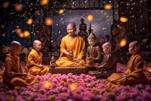 A buddha sits in a garden with a lotus and candles. Background for vesak festival celebration. Vesak day concept. Vesak celebration day greetings by photo