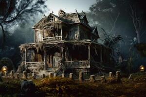 Haunted house on halloween celebration concept. Spooky house halloween background with deserted building and pumpkin. Scary house with creepy building at night by photo