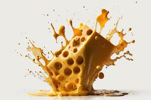 A delicious melting cheese splash in a realistic style. Hot cheese or cheddar splash. Tasty cheese liquid splash. Cheese sauce crown splash. For italian food, world cheese day, dessert by photo