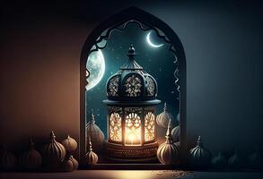 A windows depicts an islamic mosque at night with moon and lentern. In style of islamic city. Arched doorways. Eid al fitr background of window. Ramadan islamic lantern on a table by photo