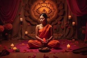 A buddha sits in a garden with a lotus and candles. Background for vesak festival celebration. Vesak day concept. Vesak celebration day greetings by photo