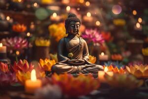 A buddha sits in a garden with a lotus and candles. Background for vesak festival celebration. Vesak day concept. Vesak celebration day greetings by photo