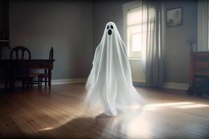 Human in spooky ghosts costume flying inside the old house or forest at night. Spooky halloween background with ghost. Ghost on halloween celebration concept by photo