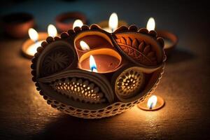 Happy diwali or deepavali traditional indian festival with clay diya oil lamp. Indian hindu festival of light symbol with candle and light. Clay diya lamp lit during diwali celebration by photo