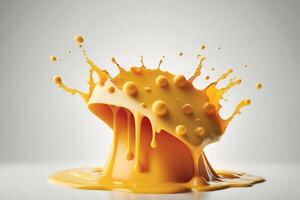 A delicious melting cheese splash in a realistic style. Hot cheese or cheddar splash. Tasty cheese liquid splash. Cheese sauce crown splash. For italian food, world cheese day, dessert by photo