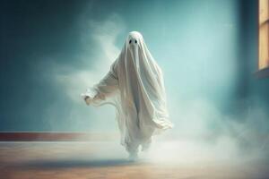 Human in spooky ghosts costume flying inside the old house or forest at night. Spooky halloween background with ghost. Ghost on halloween celebration concept by photo