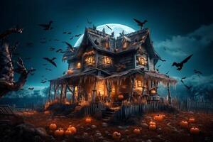 Haunted house on halloween celebration concept. Spooky house halloween background with deserted building and pumpkin. Scary house with creepy building at night by photo