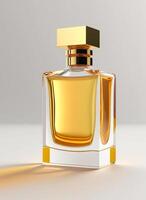 A high class bottle of glass perfume with yellow liquid. Aromatic perfume bottles on white background. For beauty product, cosmetic, perfume day, fragrance day or perfume launch event by photo