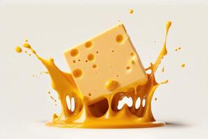 A delicious melting cheese splash in a realistic style. Hot cheese or cheddar splash. Tasty cheese liquid splash. Cheese sauce crown splash. For italian food, world cheese day, dessert by photo