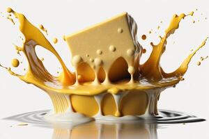 A delicious melting cheese splash in a realistic style. Hot cheese or cheddar splash. Tasty cheese liquid splash. Cheese sauce crown splash. For italian food, world cheese day, dessert by photo