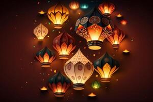 contento diwali o deepavali tradicional indio festival con lámpara o cielo linterna. indio hindú festival de ligero con lámpara o ligero. noche cielo flotante linternas durante diwali celebracion por ai generado foto