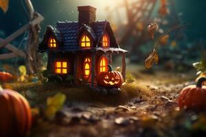 Scary pumpkin and house in night of full moon on halloween celebration concept. Spooky halloween background with pumpkin. Dirty house and pumpkin on halloween celebration concept by photo