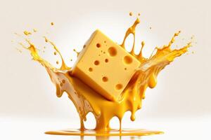 A delicious melting cheese splash in a realistic style. Hot cheese or cheddar splash. Tasty cheese liquid splash. Cheese sauce crown splash. For italian food, world cheese day, dessert by photo