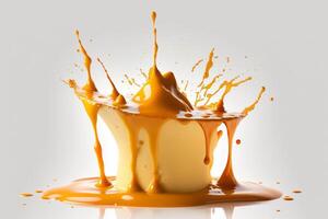 A delicious melting cheese splash in a realistic style. Hot cheese or cheddar splash. Tasty cheese liquid splash. Cheese sauce crown splash. For italian food, world cheese day, dessert by photo