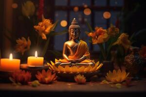 A buddha sits in a garden with a lotus and candles. Background for vesak festival celebration. Vesak day concept. Vesak celebration day greetings by photo