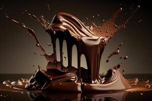 A delicious melting chocolate splash in a realistic style. Hot chocolate, cacao or coffee splash. Tasty chocolate liquid splash. Chocolate sauce crown splash. For chocolate day dessert by photo