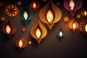 Happy diwali or deepavali traditional indian festival with lamp or sky lantern. Indian hindu festival of light with lamp or light. Night sky floating lanterns during diwali celebration by photo