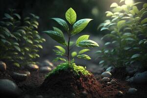 planta creciente en granja suelo o bosque con luz de sol a tiempo de día. joven planta es creciente. mundo tierra día. mundo ambiente día. tierra conservación, ecología o global calentamiento por ai generado foto