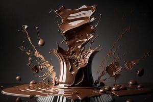 A delicious melting chocolate splash in a realistic style. Hot chocolate, cacao or coffee splash. Tasty chocolate liquid splash. Chocolate sauce crown splash. For chocolate day dessert by photo