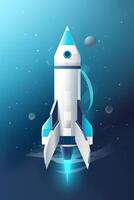 Symbolic 3D Rendering of White Rocket Model against Blue Background for Startup Concepts photo