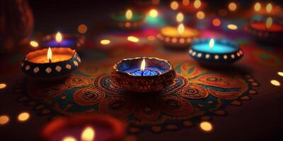 Vibrant Festive Decorations with Colorful Candles for Indian Diwali Celebrations photo