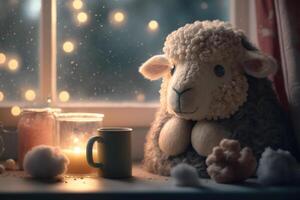 Cozy Sheep Sipping Warm Drink by Snowy Window in Winter Wonderland photo