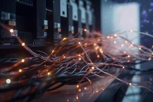 Fiber Optic Wires with LED Lights in Server Rack photo