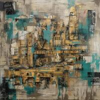 Industrial Elegance A Captivating Fusion of Collage and Paint in Large Canvas Paintings, Adorned with Turquoise and Sepia Tones photo