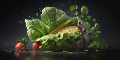 Illustration of fresh green lettuce salad with water drops content photo