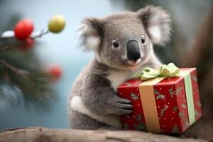 Koala sits between Christmas presents on Christmas Eve Content photo