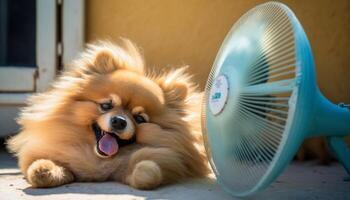 adorable pomeranio perro enfriamiento apagado en frente de un ventilador en verano ai generado foto