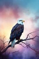 majestuoso águila encaramado en rama durante pastel amanecer ai generado foto