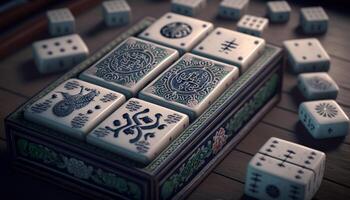 Colorful Chinese Mahjong Set with Tiles, Dice and Counters on Table photo