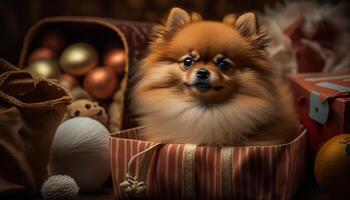 Pomeranian Pup nestled amidst an abundance of Christmas presents photo