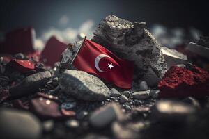 Turkish Flag amidst earthquake rubble - Symbol of Resilience and Unity photo