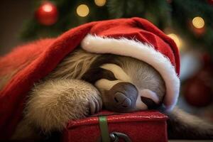 tired and exhausted sloth sleeps with santa hat between gifts at christmas photo