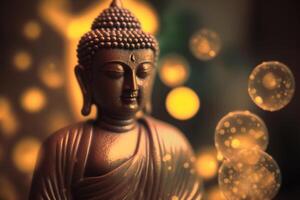 Close-up of golden Buddha statue with bokeh background photo