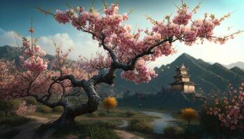 Serene Chinese landscape with pink blossoming peach tree photo