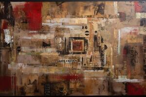Industrial Reverie A Captivating Collage of Red and Sepia in a Large Canvas Painting photo