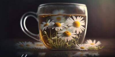 Glass Jar Filled with Chamomile Flowers, Illustrated photo