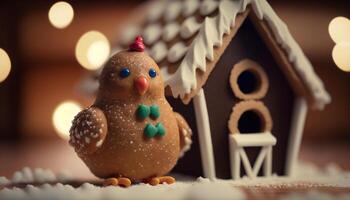 Sweet and Spicy A Gingerbread Chicken in Front of a Gingerbread House photo