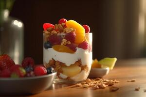 en capas baya yogur parfait con Granola ai generado foto