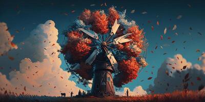Fantastic traditional windmill in autumn illustration photo